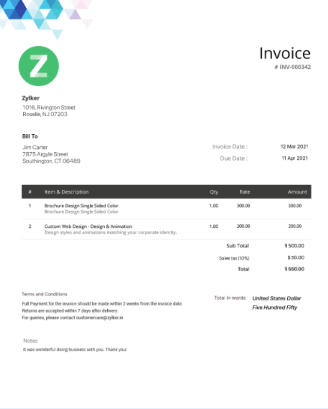 screenshot of Zoho Invoice